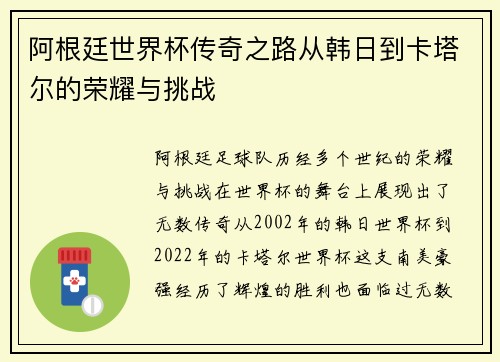 阿根廷世界杯传奇之路从韩日到卡塔尔的荣耀与挑战