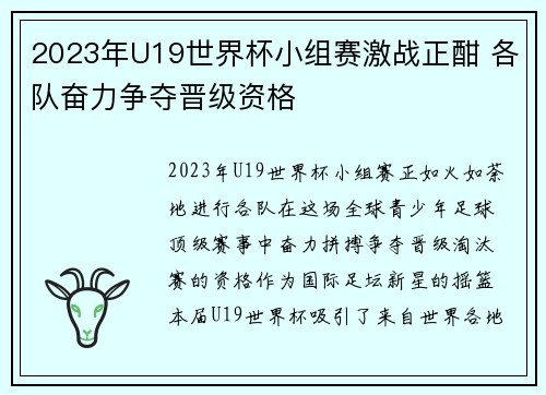 2023年U19世界杯小组赛激战正酣 各队奋力争夺晋级资格