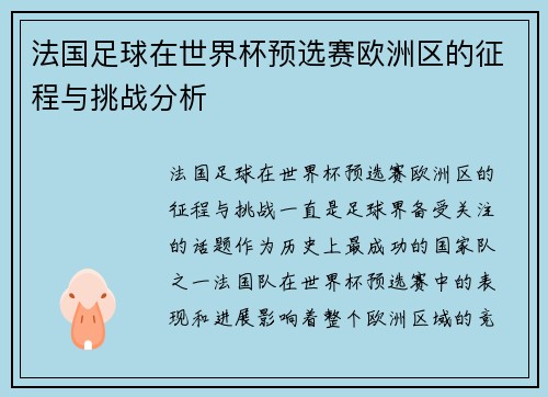 法国足球在世界杯预选赛欧洲区的征程与挑战分析